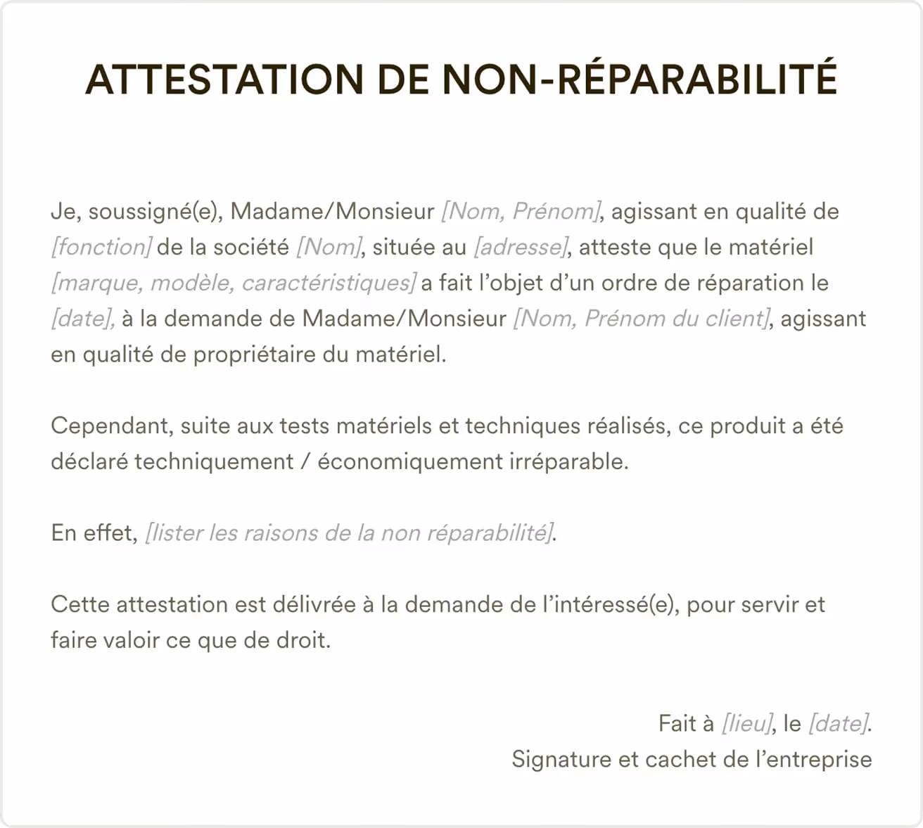 Attestation non réparabilité