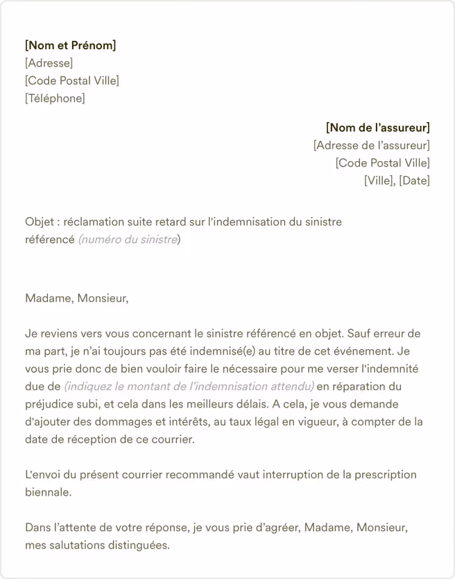 Lettre de réclamation de retard sur l'indemnisation