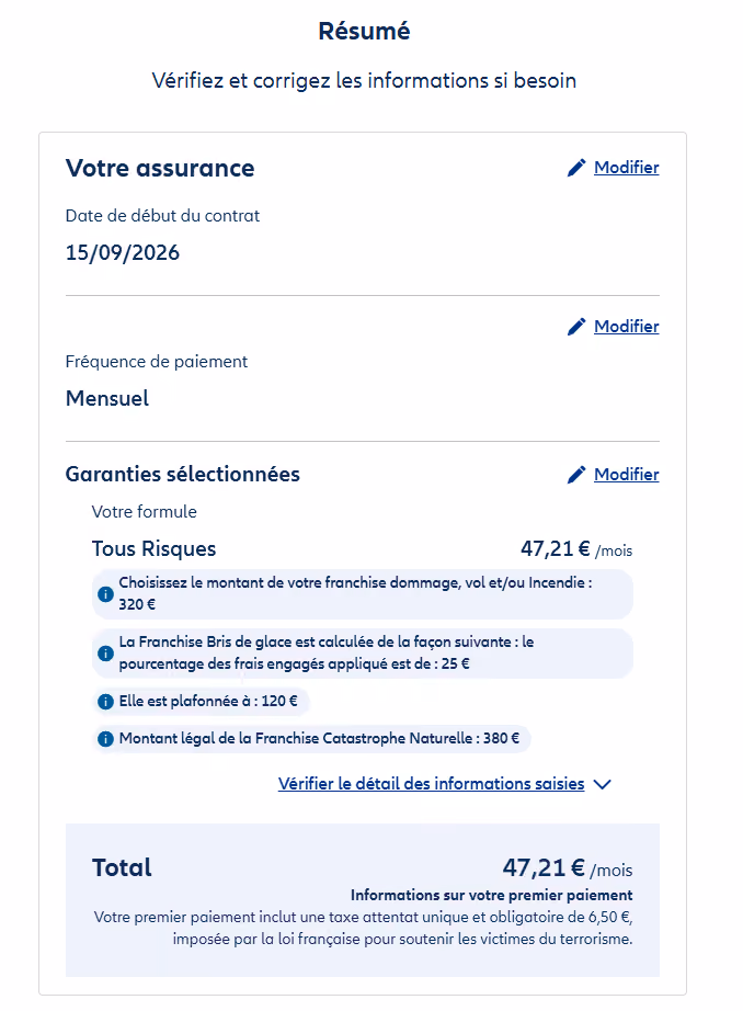 Récapitulatif de votre assurance