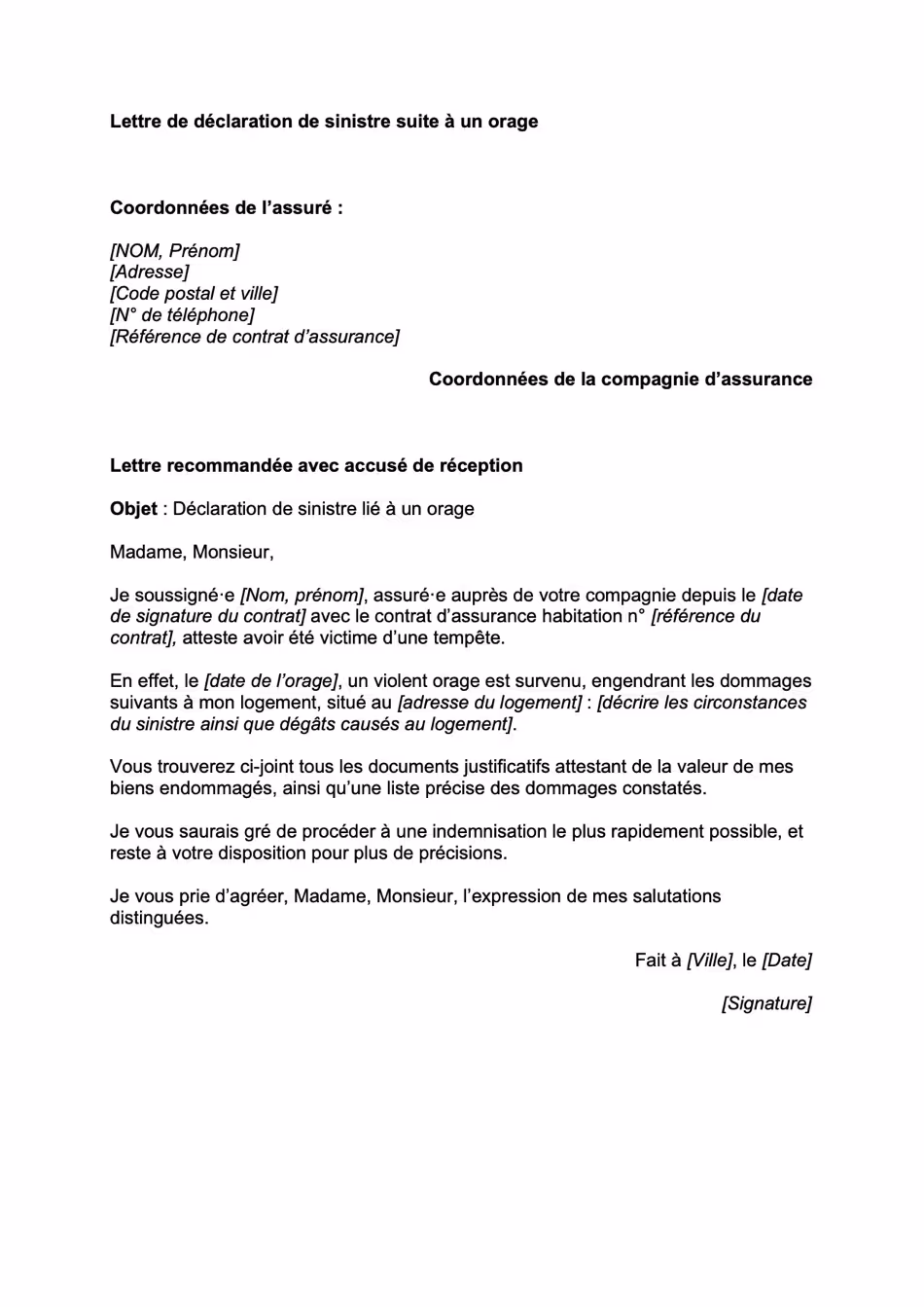Modèle de lettre de déclaration de sinistre causé par un orage