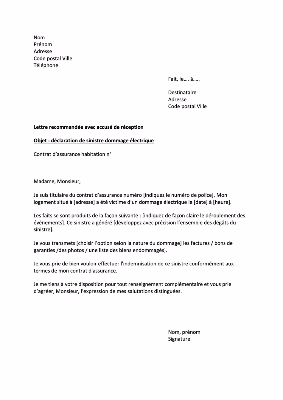 Modèle de lettre de déclaration de dommage électrique
