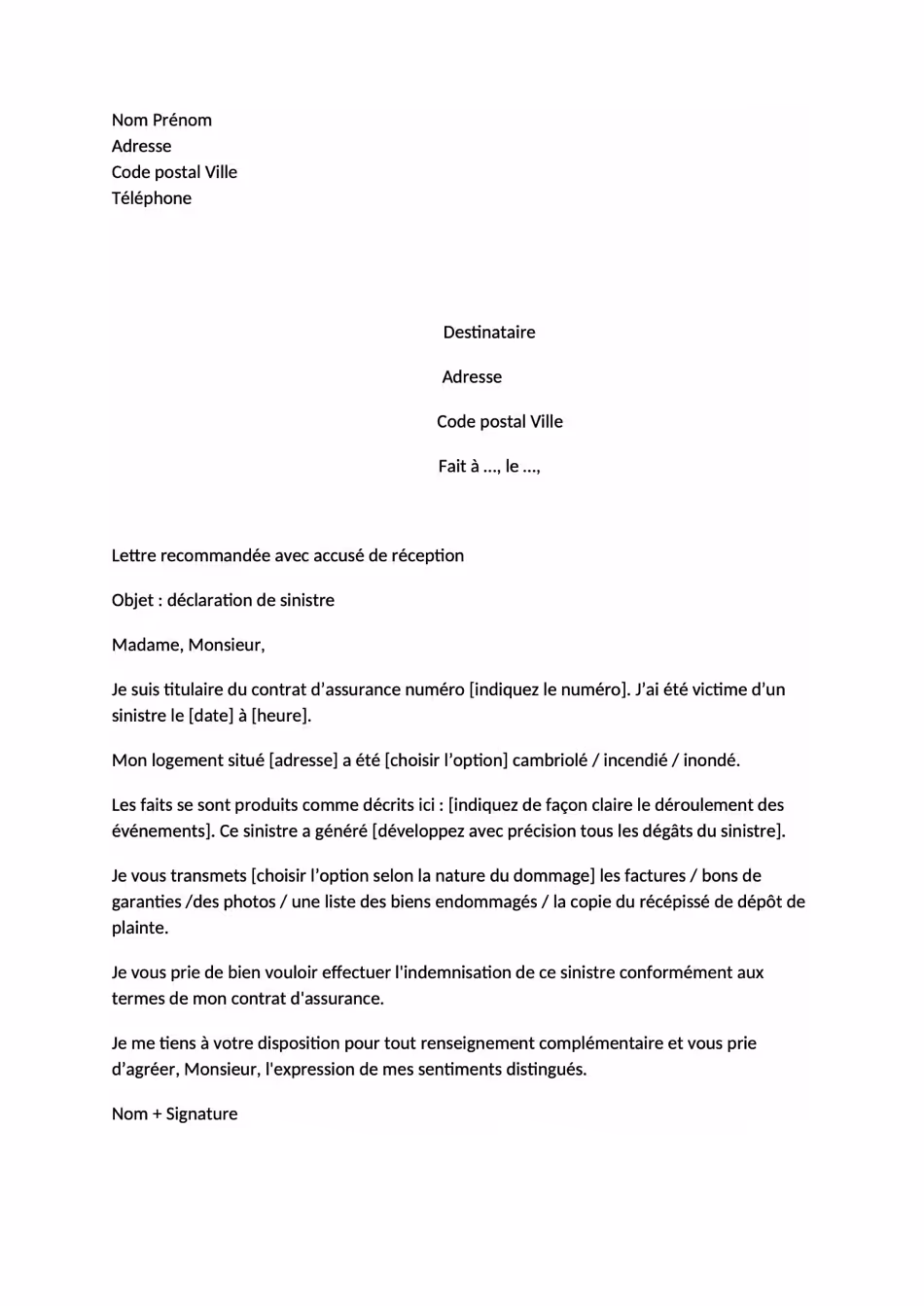 Lettre type de déclaration de sinistre