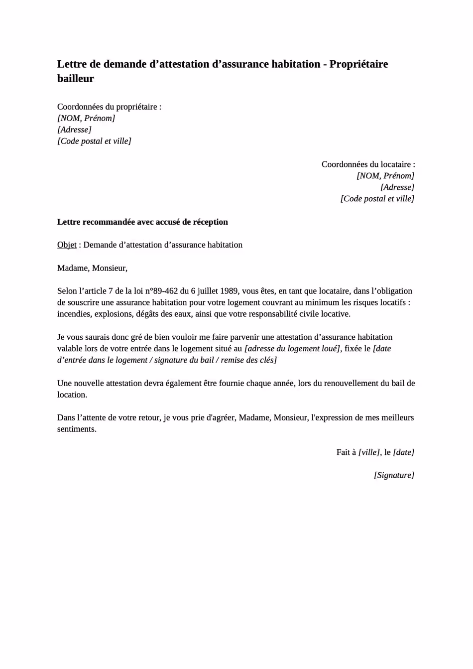 Lettre attestation proprietaire bailleur