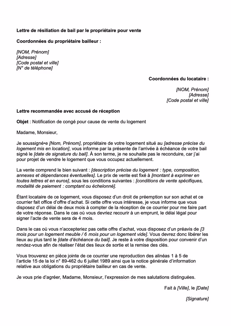 Modèle de lettre de résiliation du bail par le propriétaire du fait d'une vente
